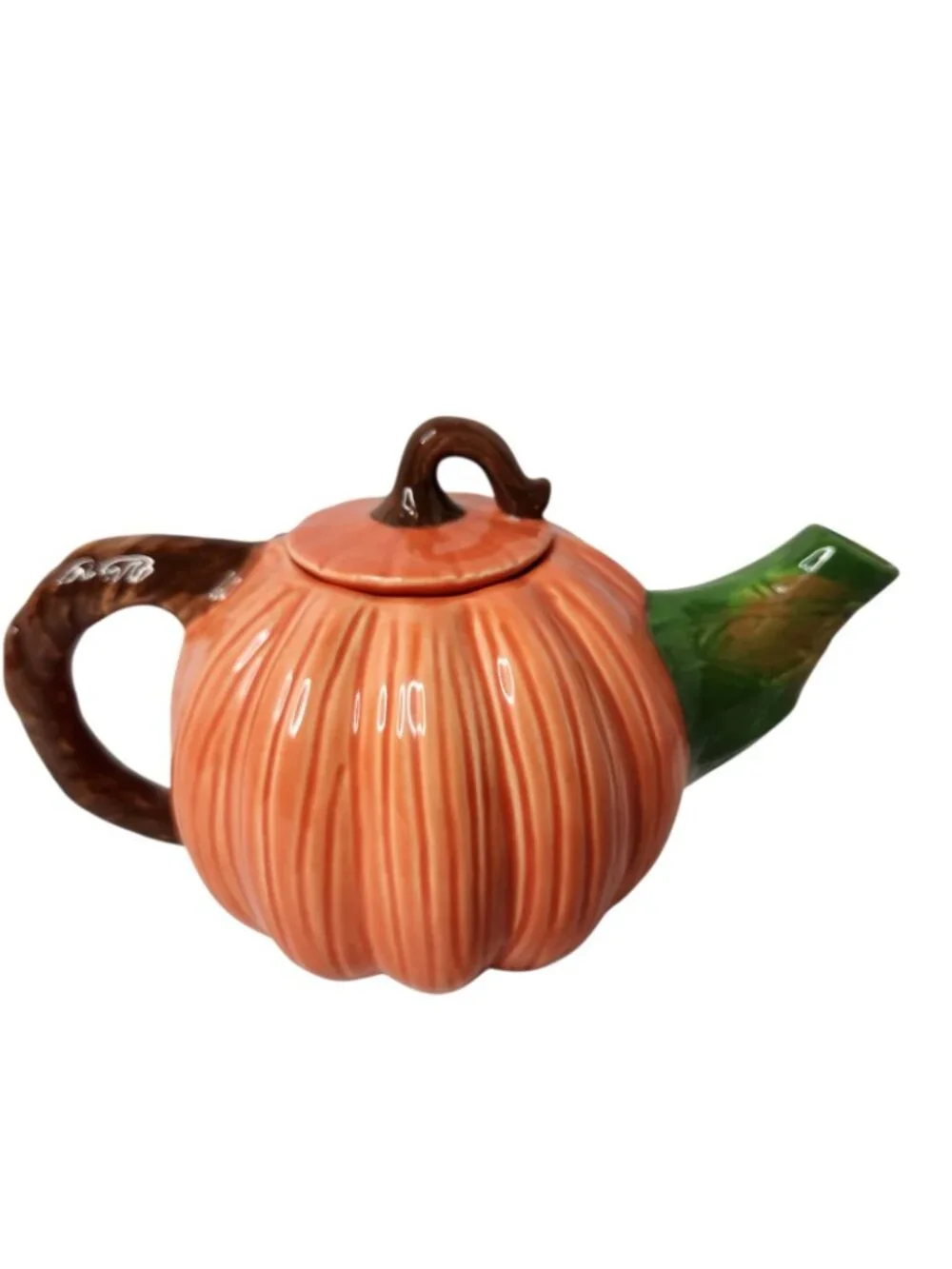 Vintage Autumn Orange Pumpkin Ceramic Teapot Lid Green Spout Brown Handle 5